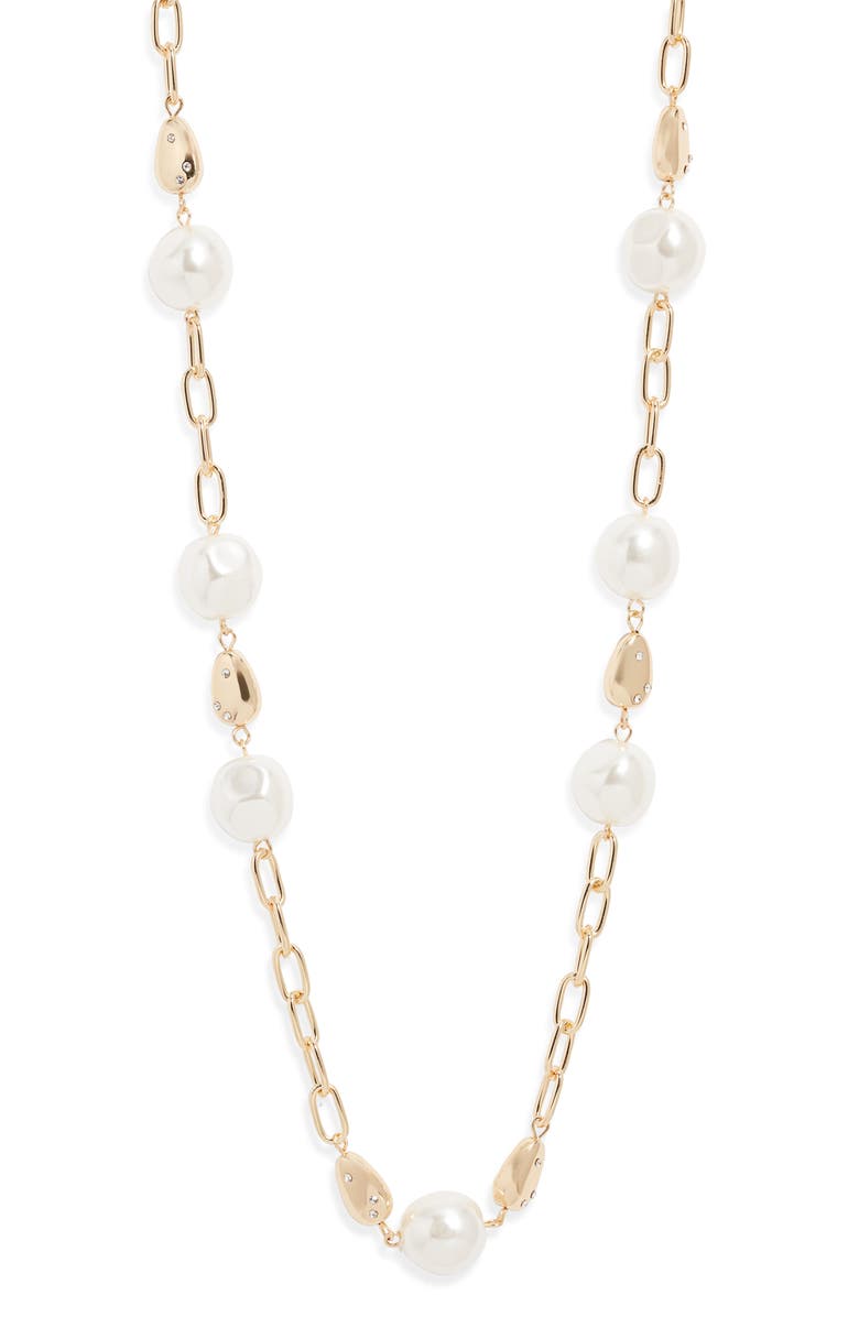 Nordstrom Faux Pearl Station Chain Long Necklace, Alternate, color, Clear- White- Gold