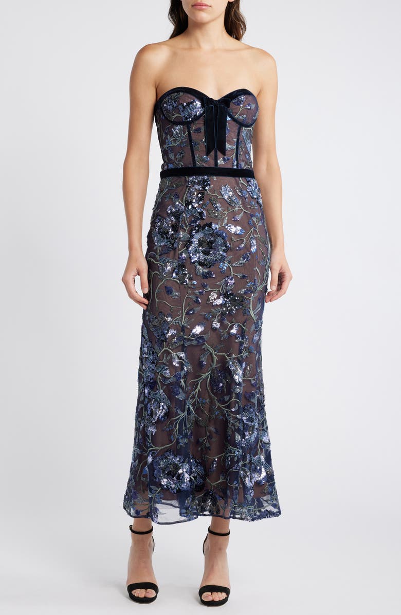 Marchesa Notte Floral Sequin Strapless Dress, Main, color,