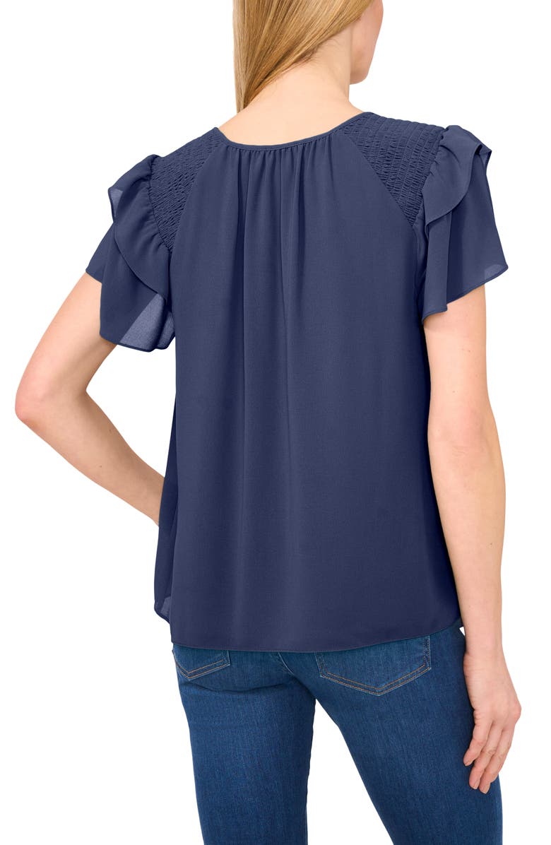 CeCe Tie Neck Flutter Sleeve Top, Alternate, color, Classic Navy