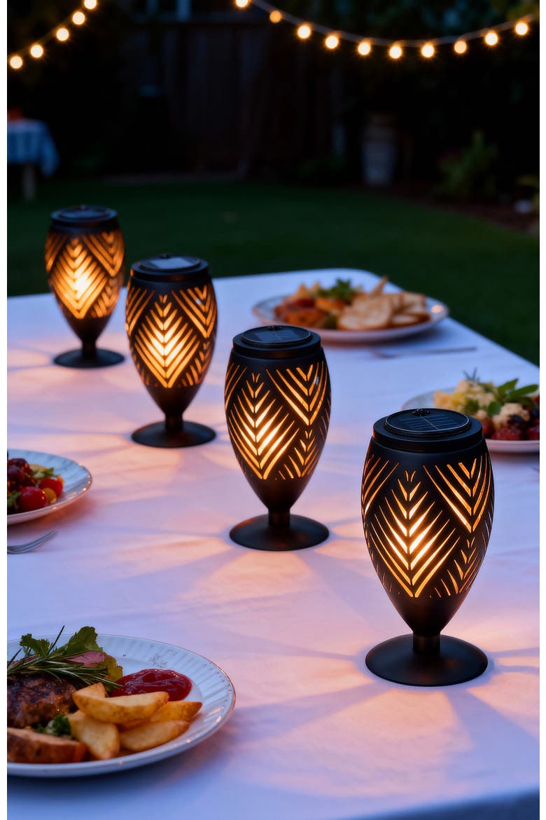 Set of 2 Metal Cutout Stripe Pattern Solar Powered Outdoor Lantern with LED Light, Alternate, color, Black