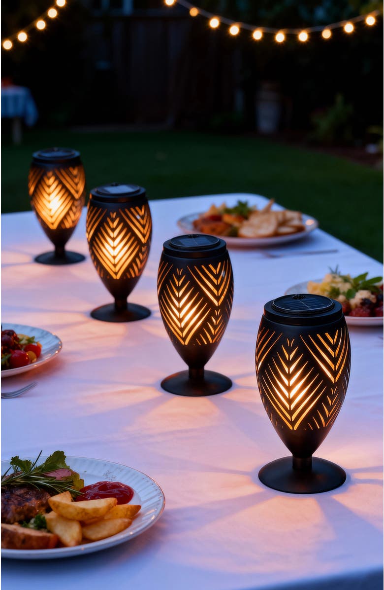Glitzhome Set of 2 Metal Cutout Stripe Pattern Solar Powered Outdoor Lantern with LED Light, Alternate, color, Black