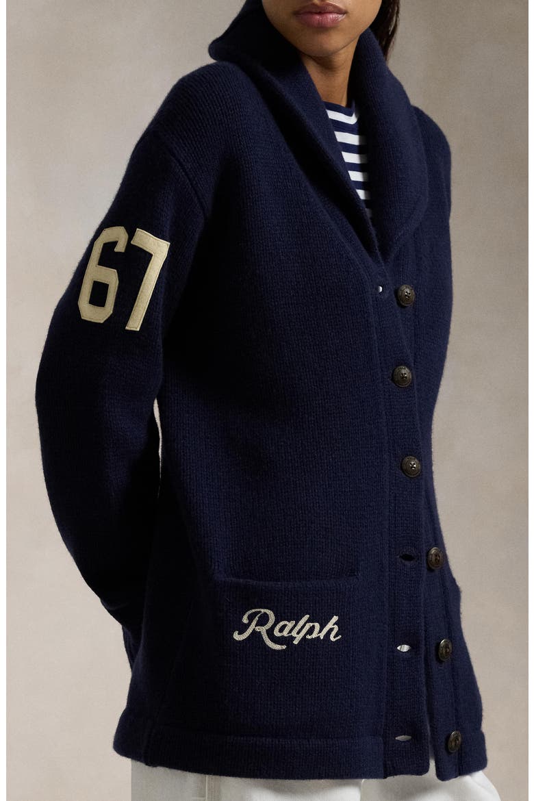 Varsity Long Wool Cardigan, Alternate, color, NAVY W/ IVORY STRIPE