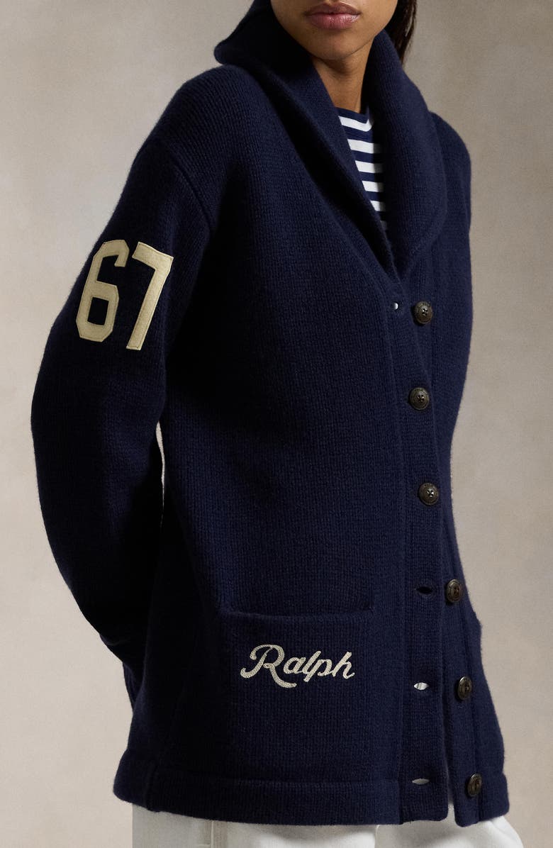Polo Ralph Lauren Varsity Long Wool Cardigan, Alternate, color, 