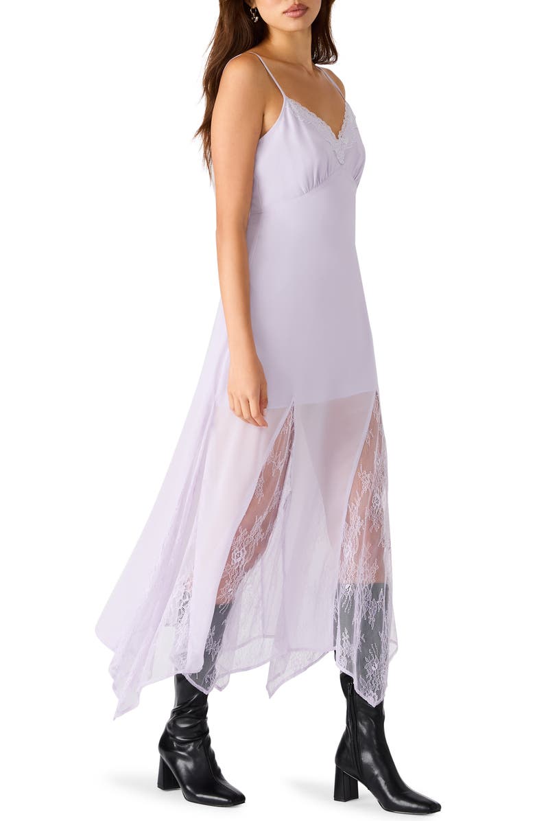 Steve Madden Delia Lace Trim Satin Midi Dress, Alternate, color, Lilac