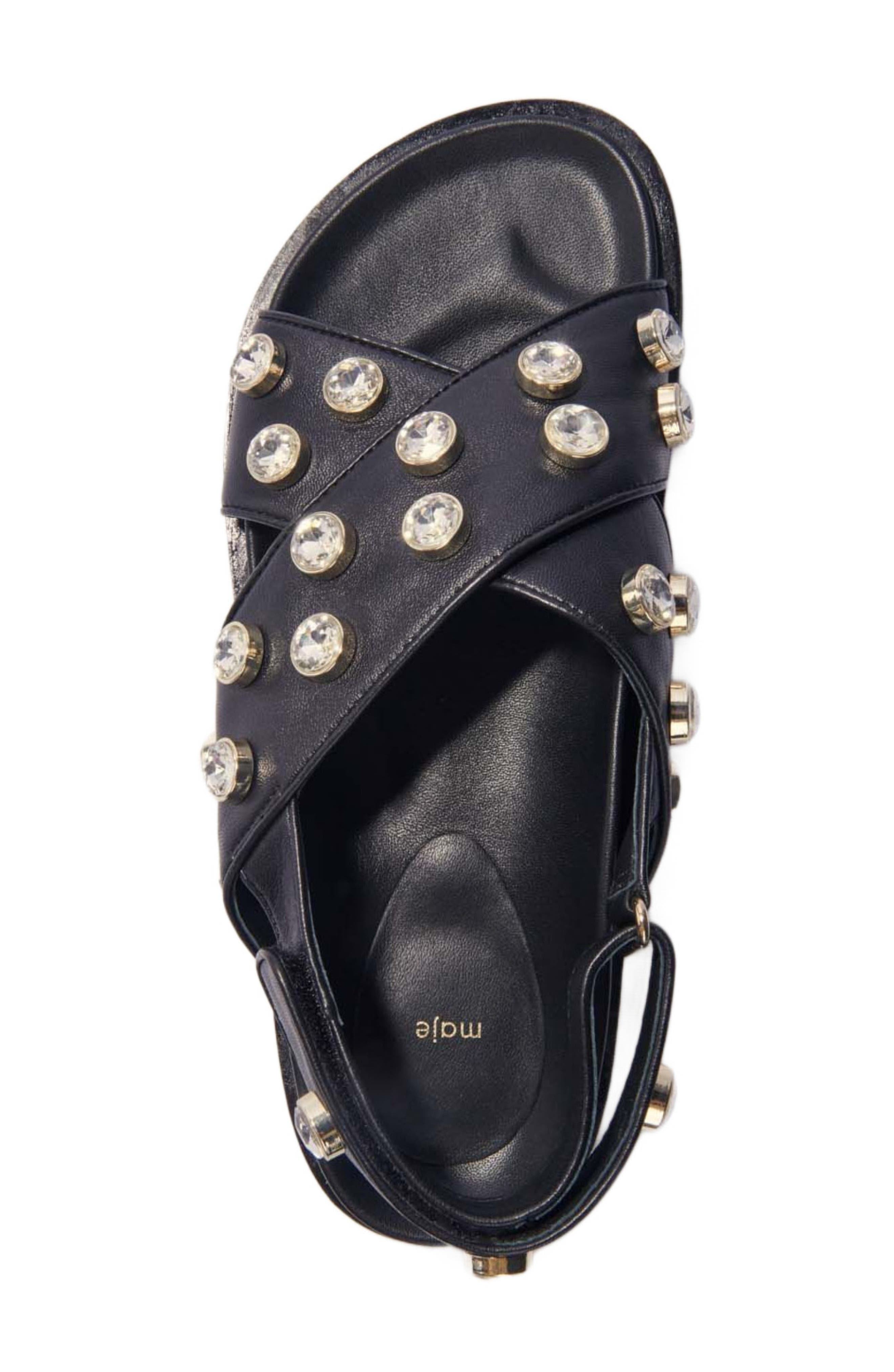 Flat leather and rhinestone sandals, Alternate, color, Black
