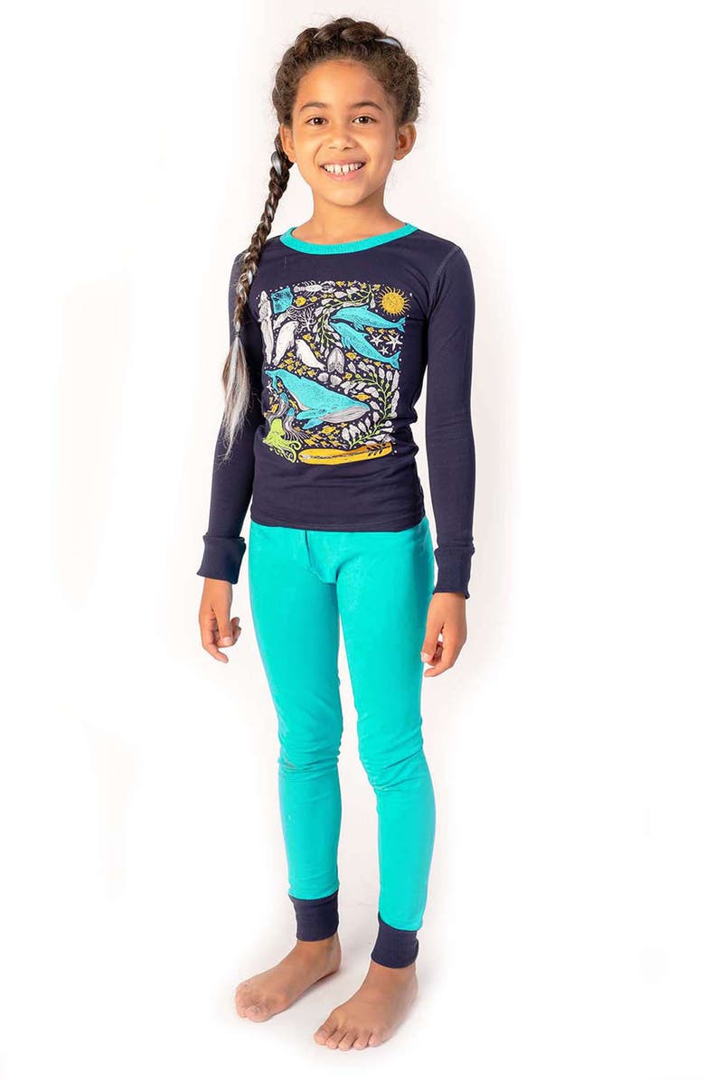 Mightly 100% Organic Cotton Print Long Sleeve Snug Fit Kids Pajamas, Alternate, color, Under The Sea