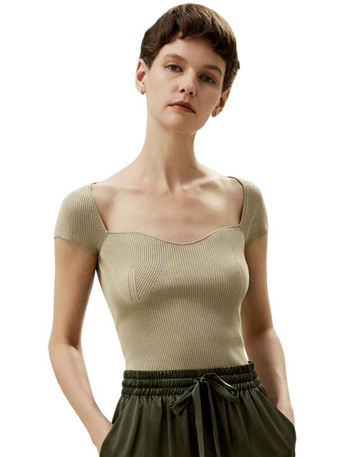Sweetheart Neck Ribbed Silk Knit Top