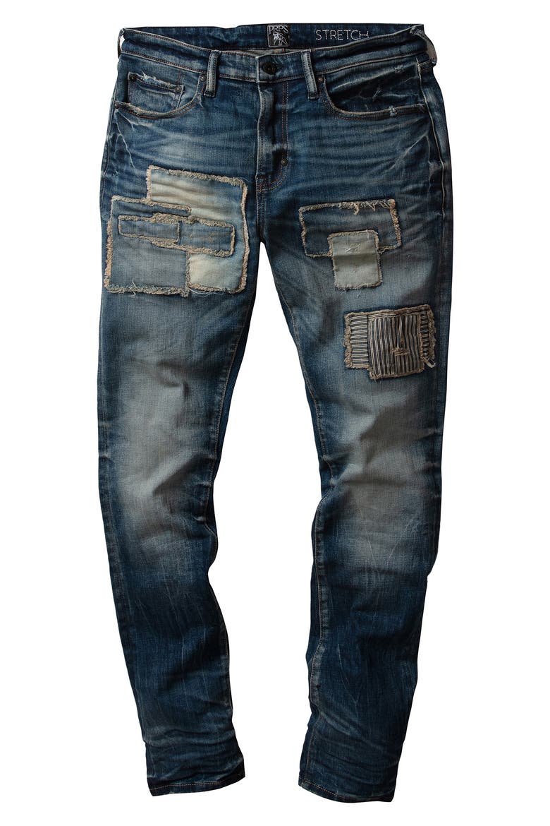 Sacred Patchwork Distressed Stretch Tapered Skinny Jeans, Alternate, color, INDIGO