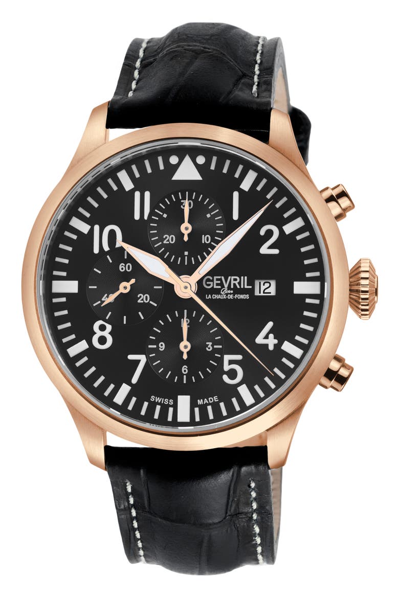 Vaughn Automatic Chronograph Leather Strap Watch, 44mm, Main, color, BLACK