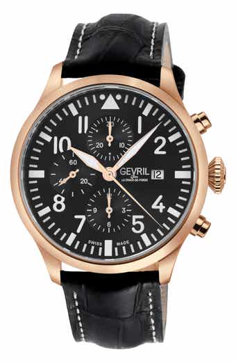 GEVRIL Vaughn Automatic Chronograph Leather Strap Watch, 44mm
