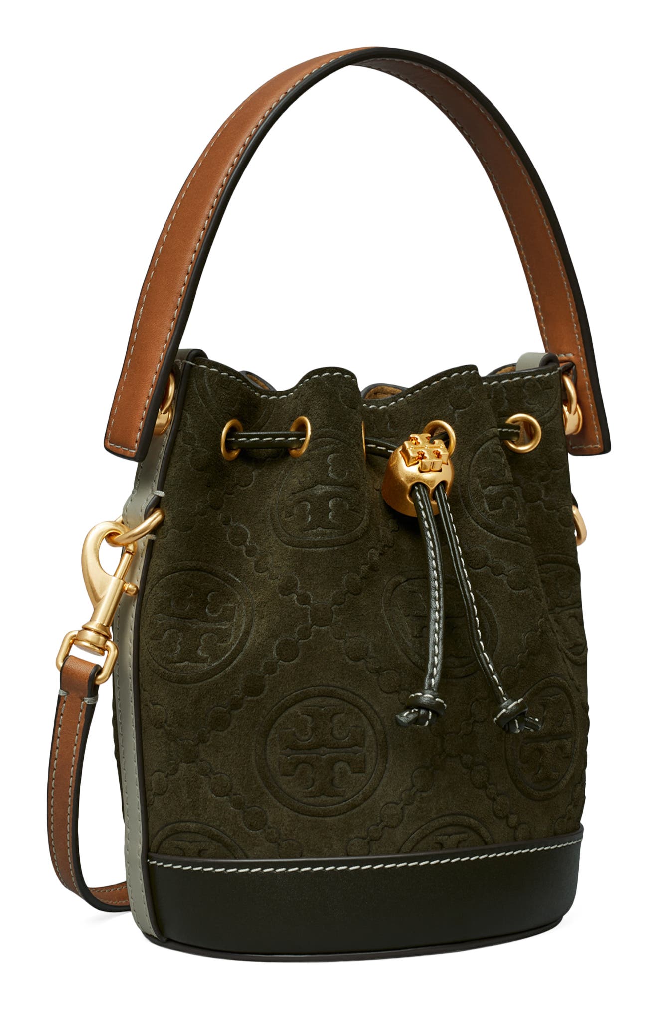 Tory Burch T Monogram Mini Embossed Suede Bucket Bag, Alternate, color, 