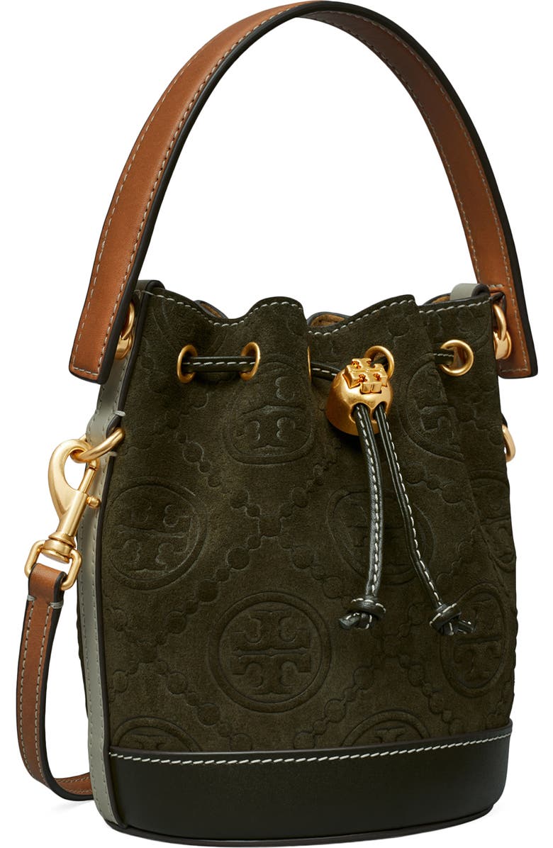 Tory Burch T Monogram Mini Embossed Suede Bucket Bag, Alternate, color,