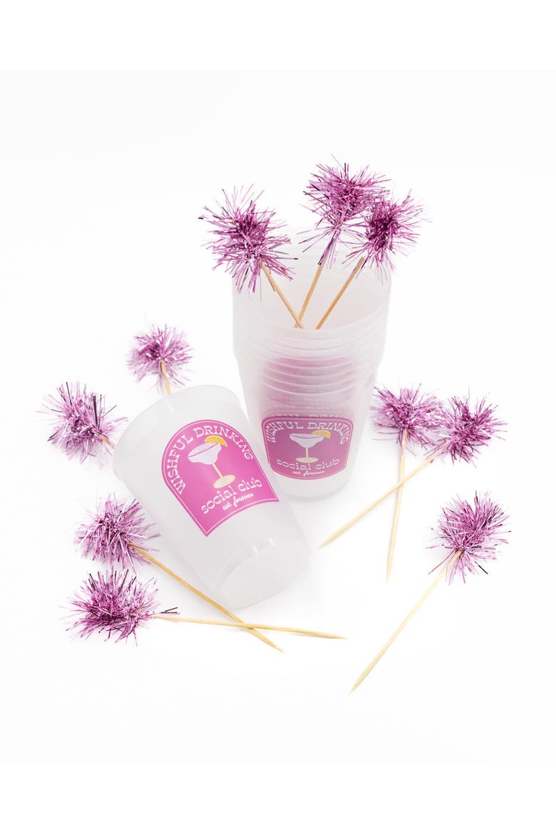 Wishful Drinking Pink Pom Pom Reusable Stackable Cups Set of 10 - 16 oz Shatterproof Party Cups with Pink Pom Pom Stirrers, 6.5x2.5 Inch, Main, color, Multicolor