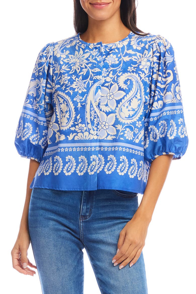 Paisley Print Puff Sleeve Cotton Button-Up Shirt, Main, color, FLORAL PAISLEY