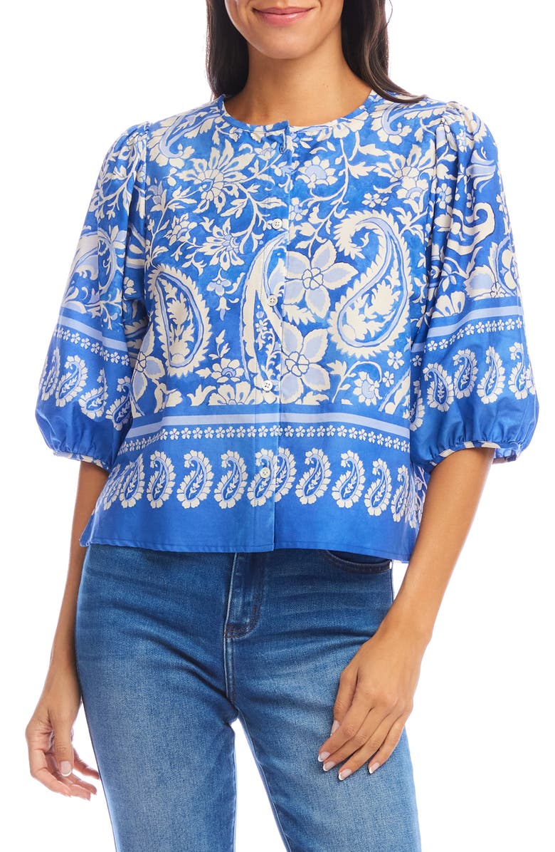 Karen Kane Paisley Print Puff Sleeve Cotton Button-Up Shirt, Main, color, Floral Paisley