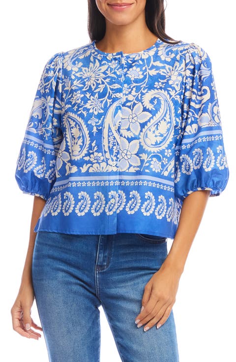 Paisley Print Puff Sleeve Cotton Button-Up Shirt