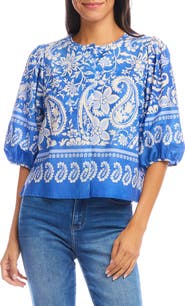 Karen Kane Paisley Print Puff Sleeve Cotton Button-Up Shirt
