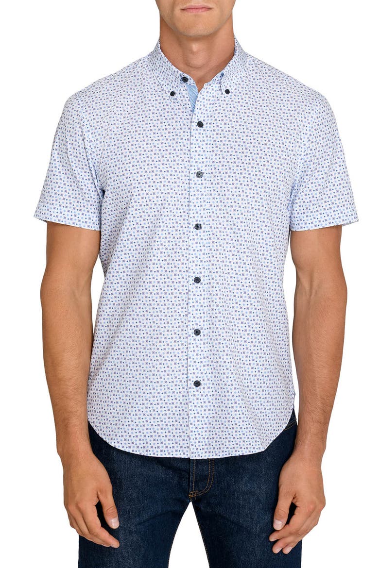 Atomic Geo Short Sleeve Stretch Button-Down Shirt, Main, color, WHITE/ BLUE