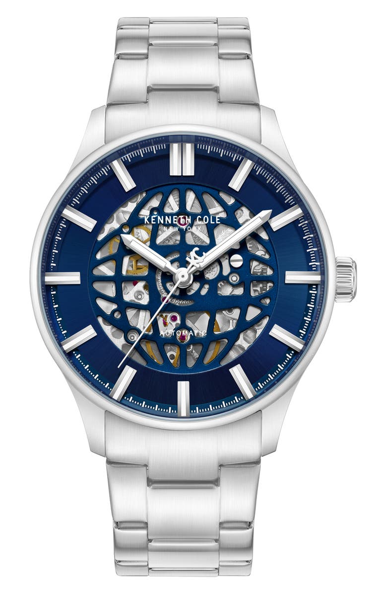Kenneth Cole New York The Thompson Skeleton Automatic Bracelet Watch, 43.5mm, Main, color, Silver
