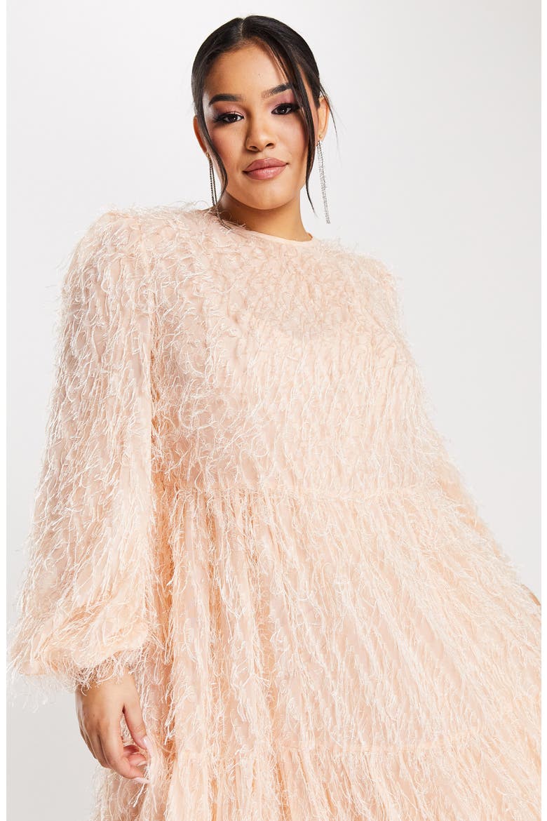 Curve Tiered Fringe Long Sleeve Midi Dress, Alternate, color, LIGHT PINK