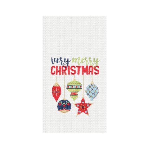 27" x 18" Holiday "Very Merry Christmas" Sentiment Featuring Ornament Cotton Embroidered & Waffle Weave Kitchen Dish Towel