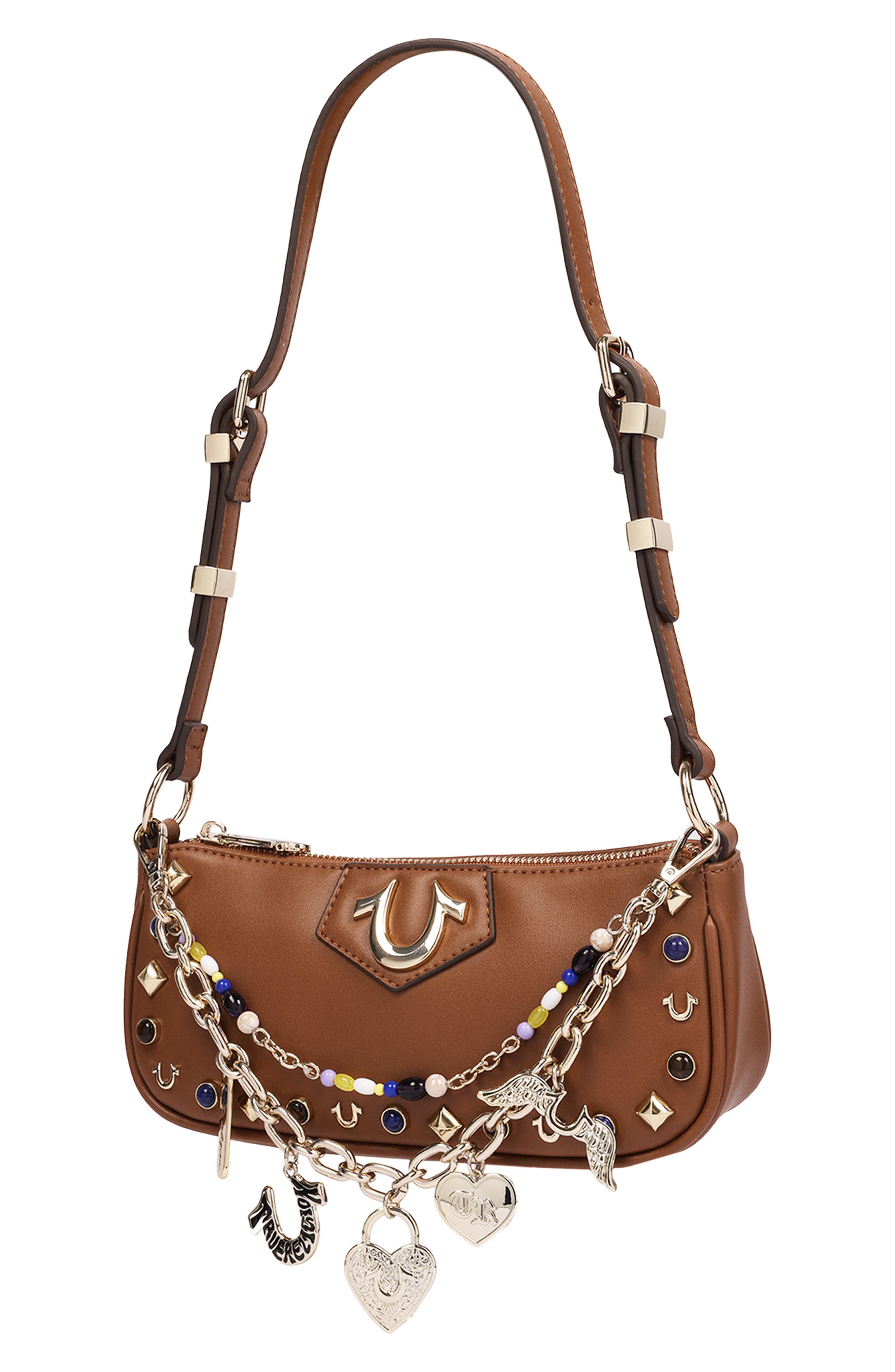 Chain and Studs Faux Leather Shoulder Bag, Alternate, color, COGNAC