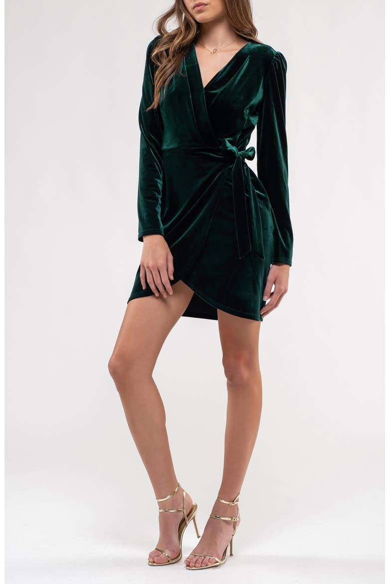 Long Sleeve Velvet Faux Wrap Minidress, Alternate, color, HUNTER GREEN