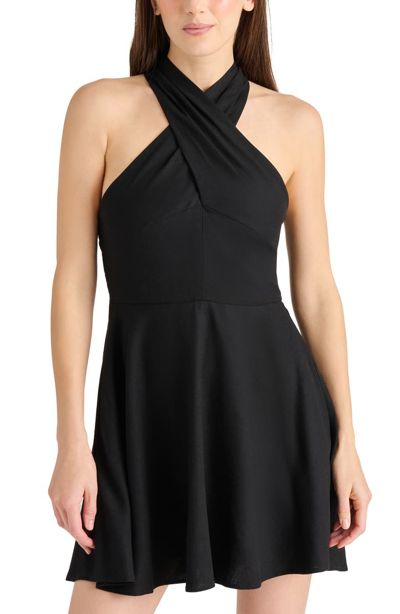 Steve Madden Kosta Crossover Linen Blend Minidress, Alternate, color, Black