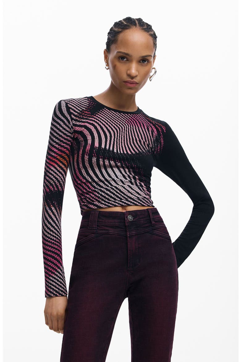 Printed Rib Long Sleeve Top, Alternate, color, BLACK