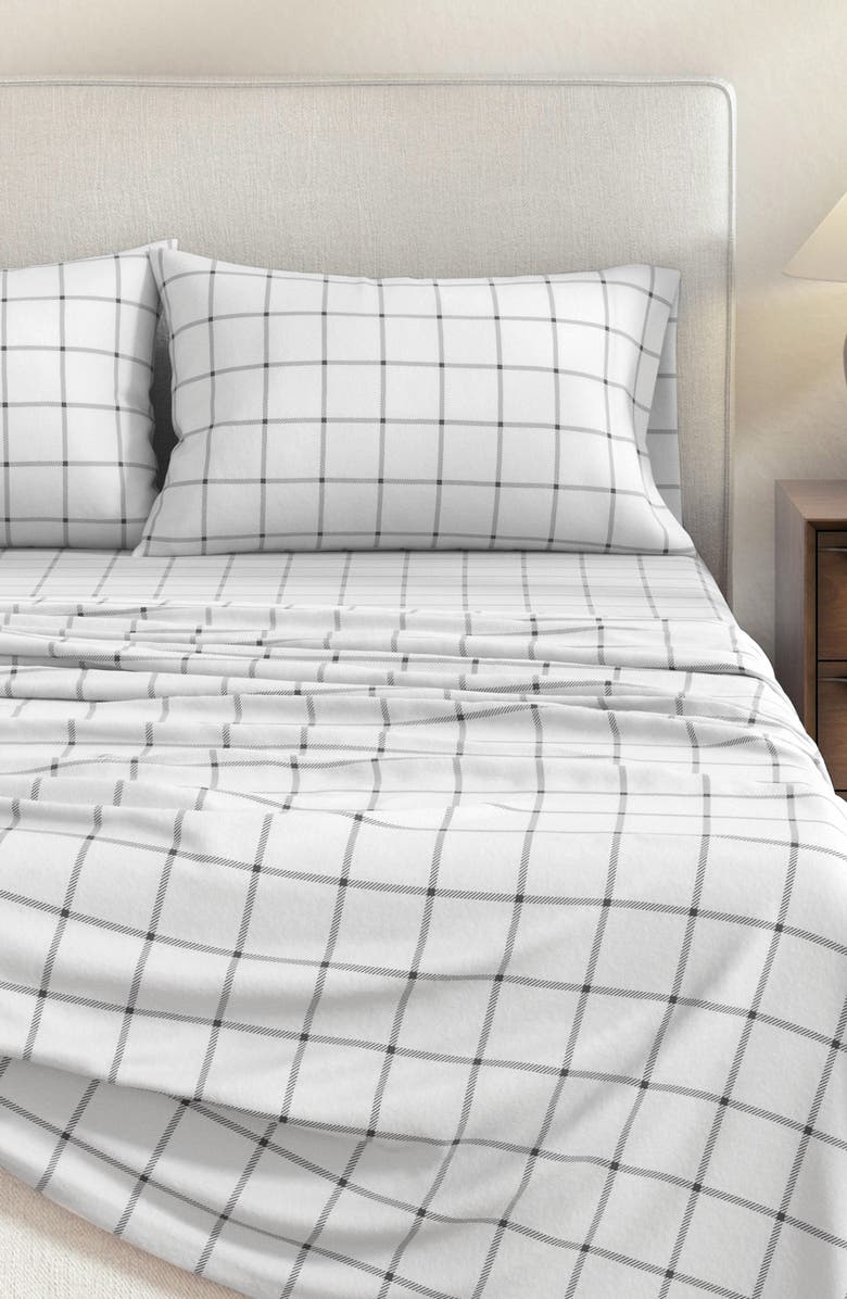 Woven & Weft Turkish Cotton Flannel Plaid Sheet Set, Alternate, color, Windowpane - White / Grey