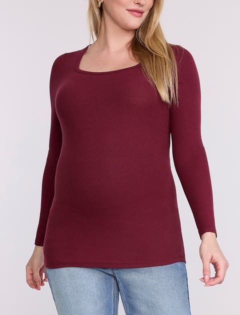 Square Neck Rib Knit Long Sleeve Tee