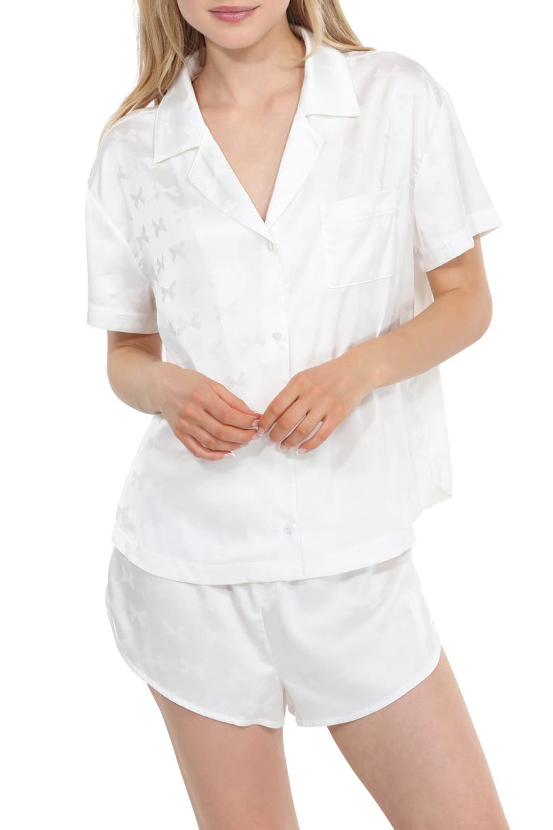 Forever Mine Bow Jacquard Satin Shortie Pajamas, Main, color, WHITE