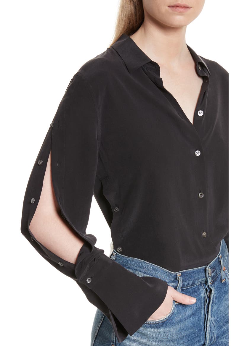 Rossi Button Detail Silk Shirt, Alternate, color, BLACK