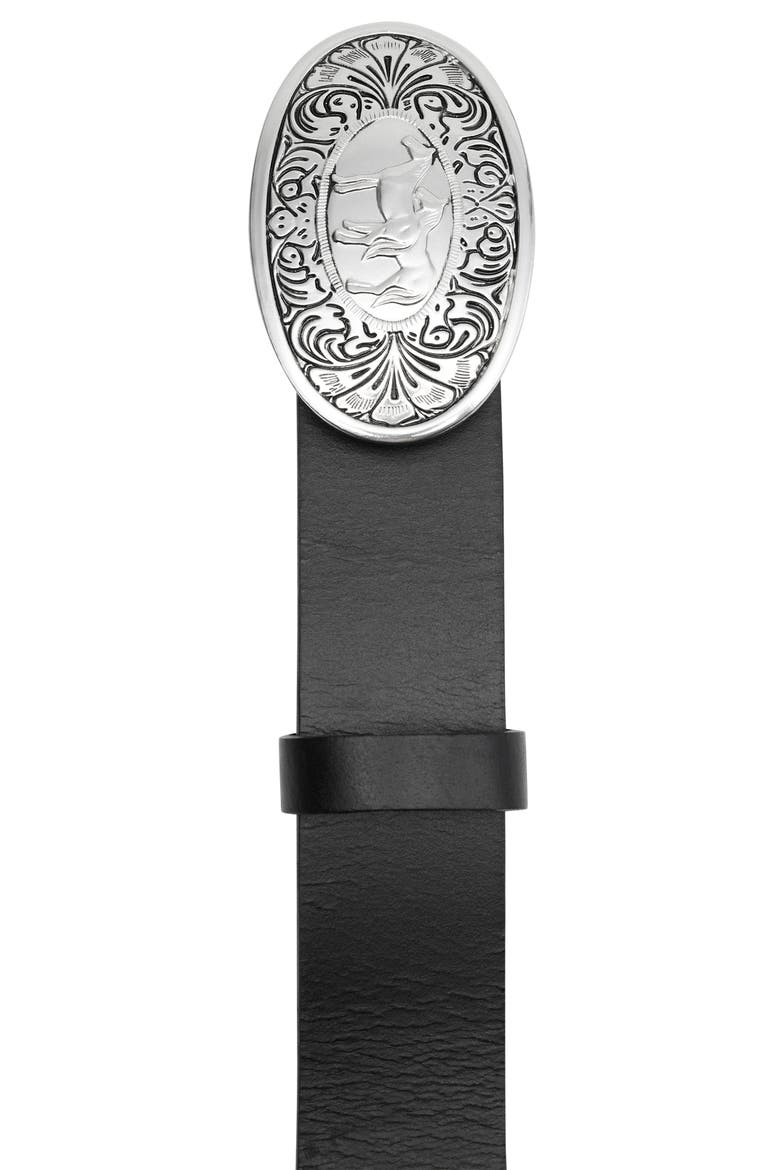Engraved Buckle Leather Belt, Alternate, color, BLACK