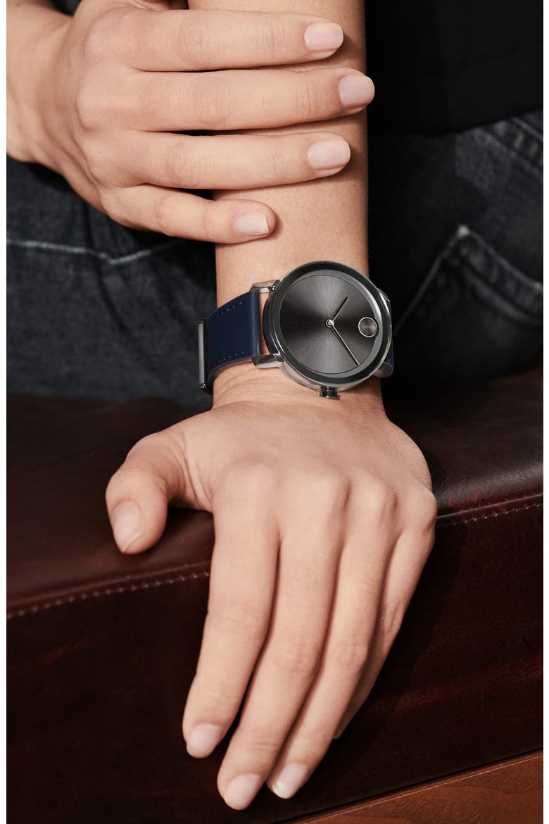 Bold Leather Strap Watch, 40mm, Alternate, color, NAVY/ GREY