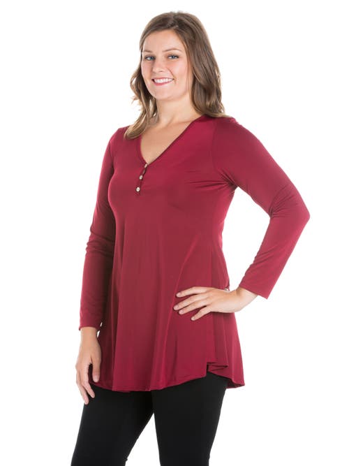 24seven Comfort Apparel Plus Size Flared Long Sleeve Henley Tunic Top In Burgundy