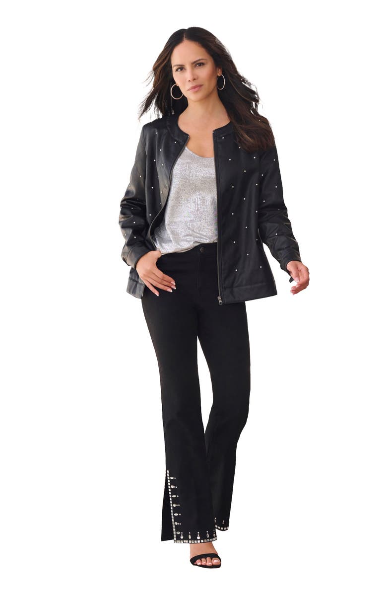 Roaman's Plus Size Studded Faux Leather Bomber, Main, color, Black