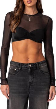 EDIKTED Night Out Long Sleeve Illusion Neck Crop Top
