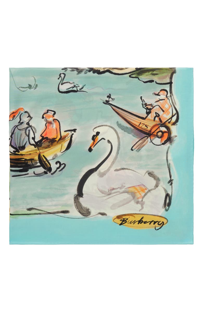 Burberry Swan Lake Watercolor Square Silk Scarf, Alternate, color, Skylight Blue
