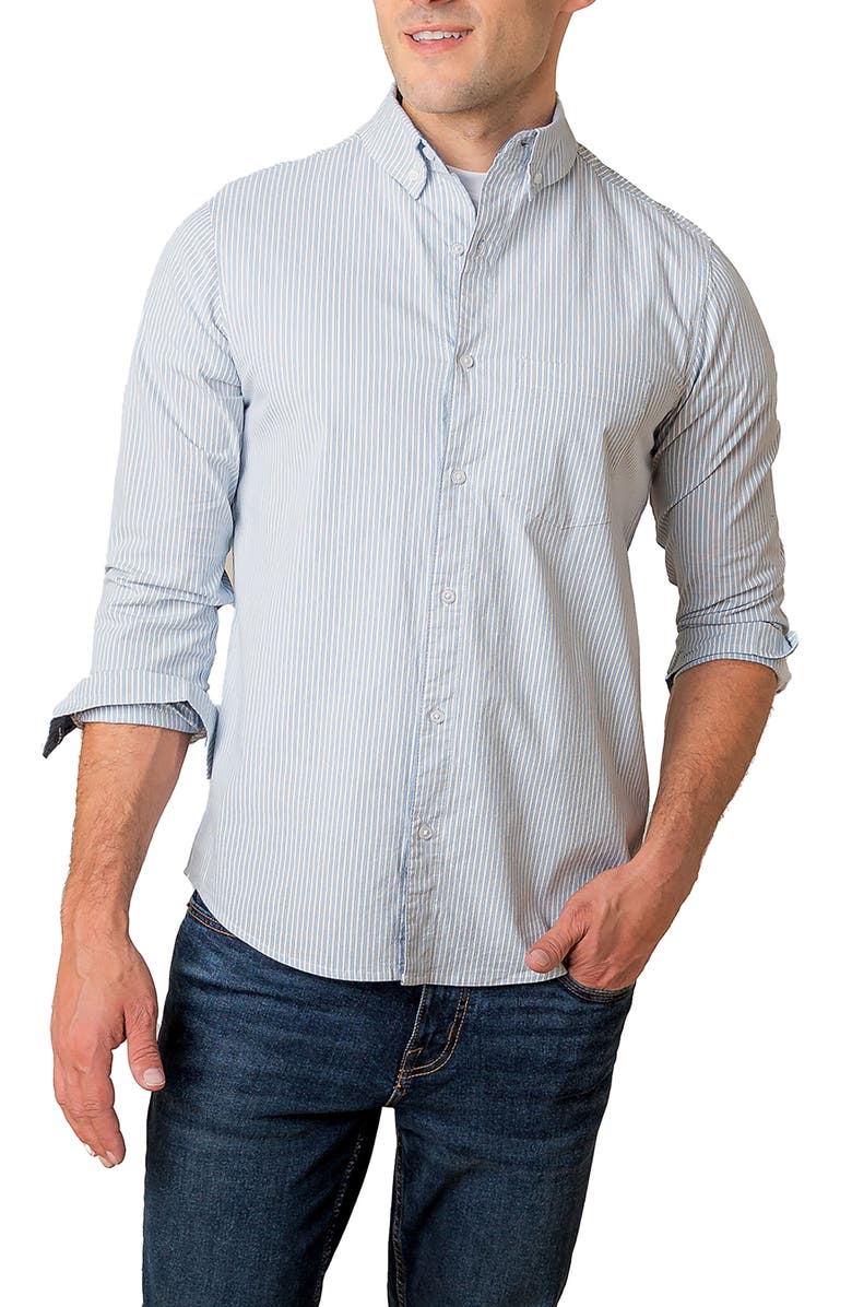 Hope & Henry Organic Long Sleeve Stretch Poplin Button Down Shirt, Main, color, Blue Ticking Stripe