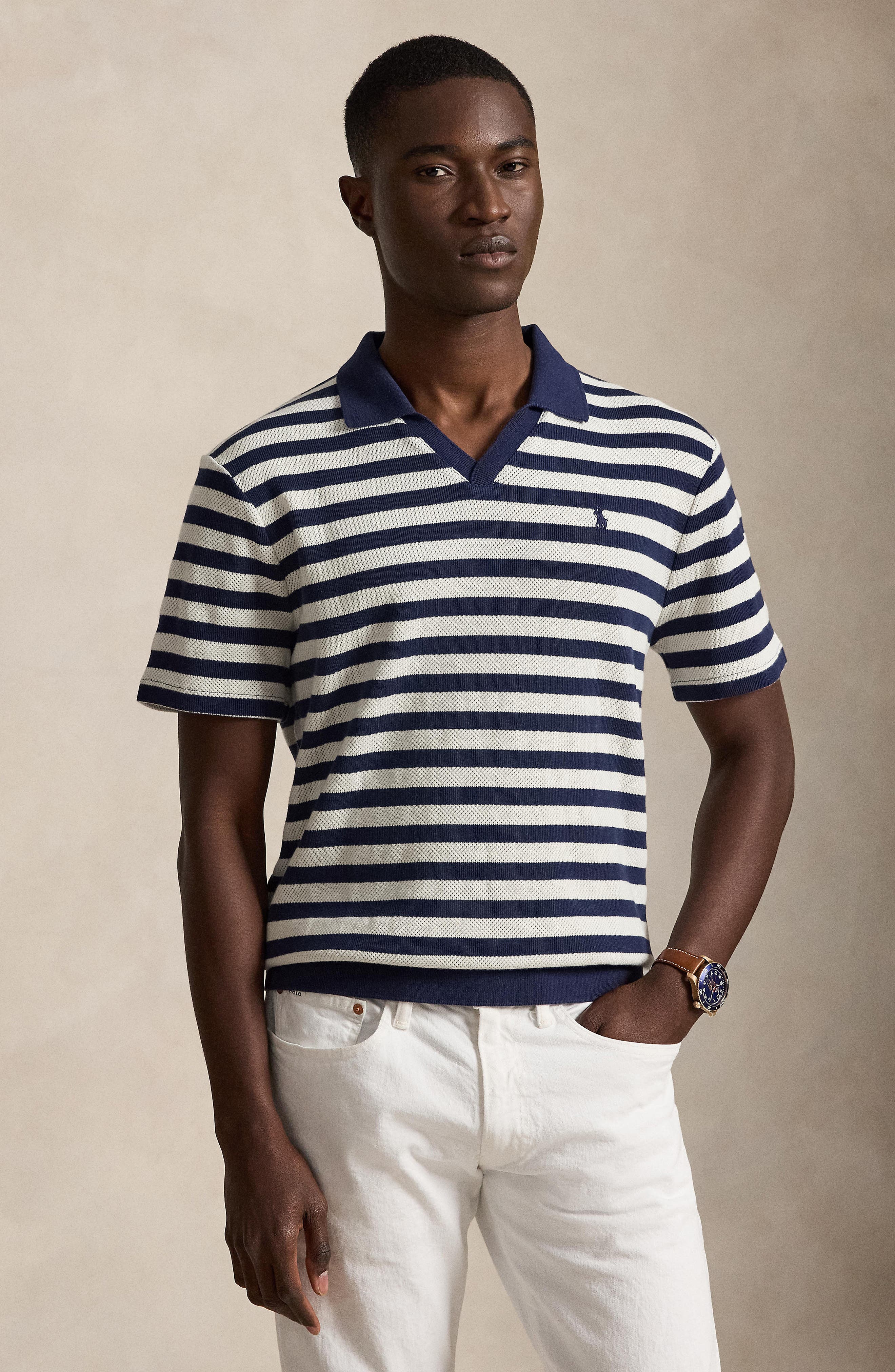 Stripe Pointelle Rib Johnny Collar Polo - image 2