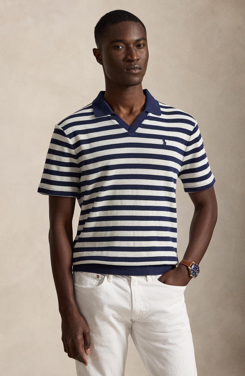 Polo Ralph Lauren Stripe Pointelle Rib Johnny Collar Polo, Alternate, color, Newport Navy/ Andover Cream