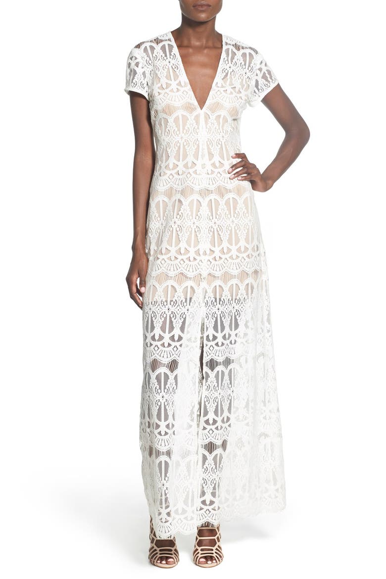 V-Neck Lace Maxi Dress, Main, color, WHITE/  NUDE