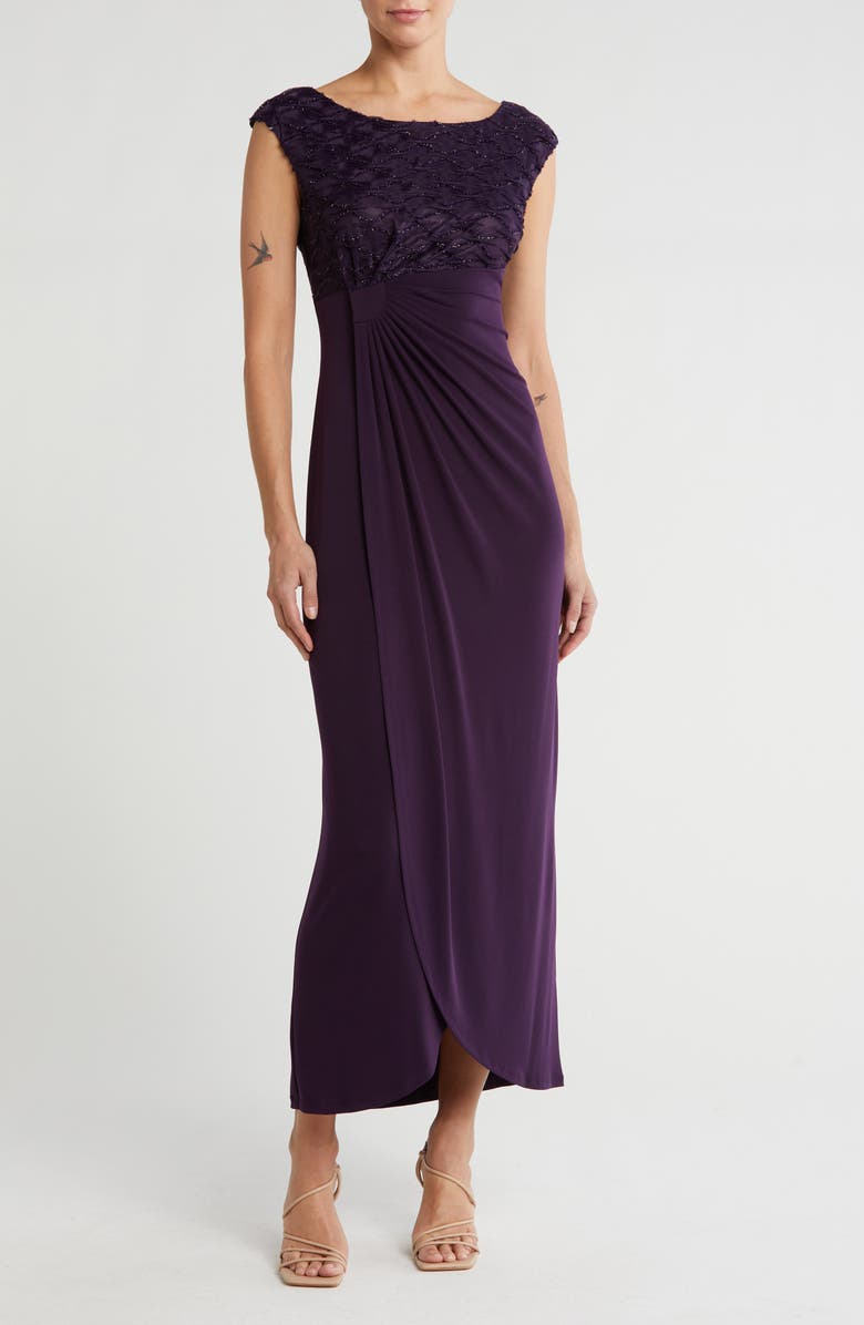 Connected Apparel Novelty Bodice Mock Wrap Dress, Main, color, Aubergine