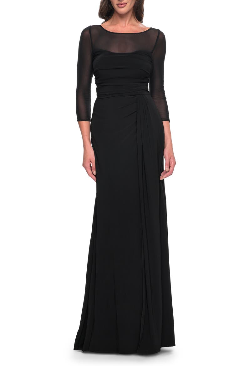 Chic Black Evening Dress with Illusion Neckline and Sleeves, Main, color, Black