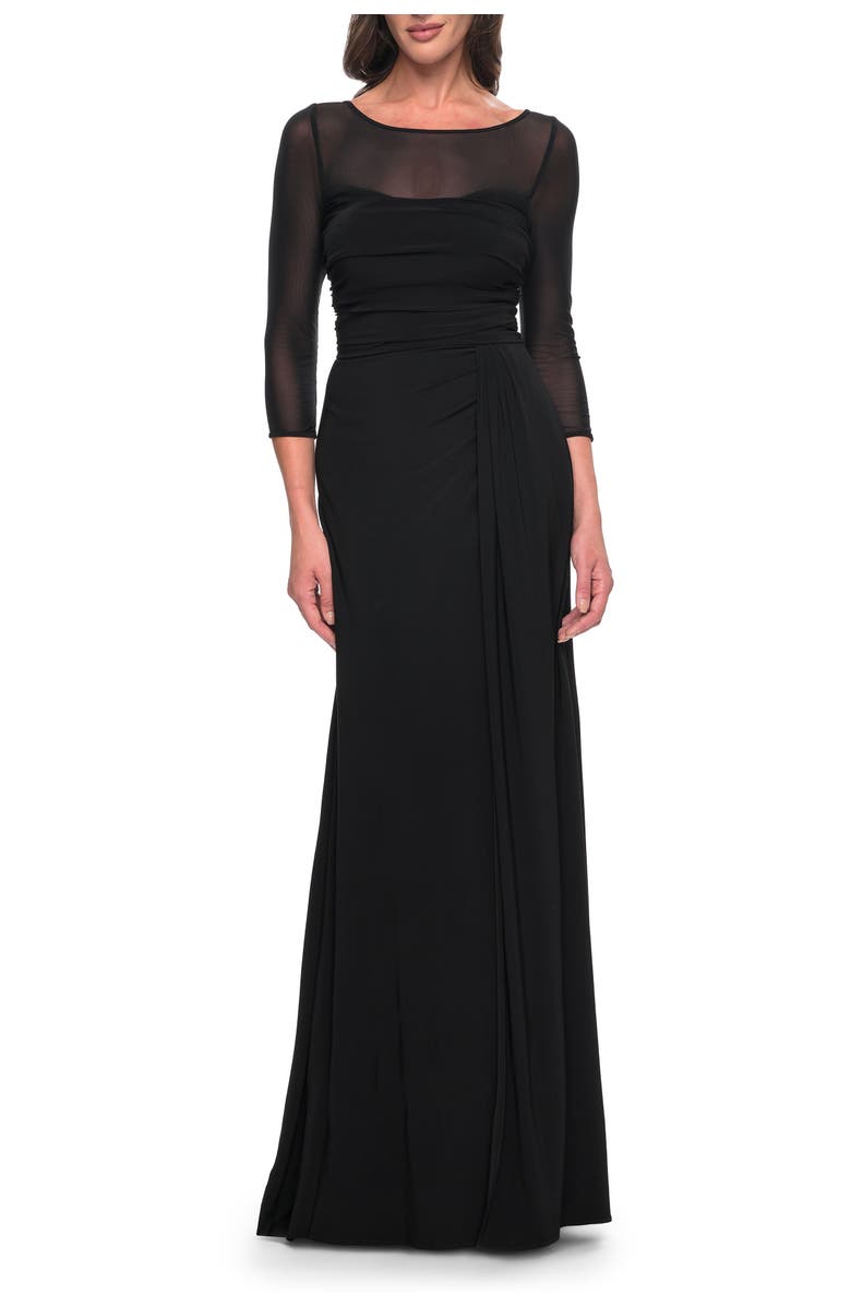 La Femme Chic Black Evening Dress with Illusion Neckline and Sleeves, Main, color, Black