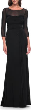 La Femme Chic Black Evening Dress with Illusion Neckline and Sleeves