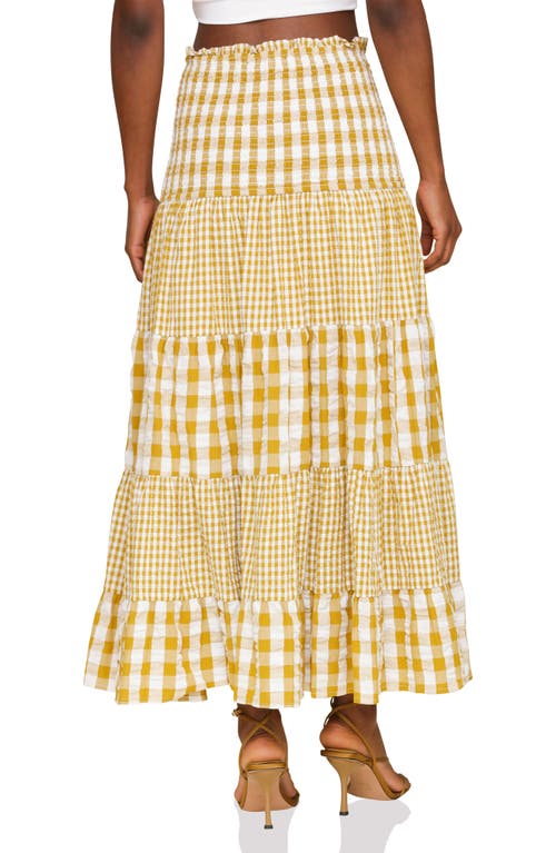 Avec Les Filles Mixed Print Tiered Cotton Gingham Maxi Skirt In Olio Gingham