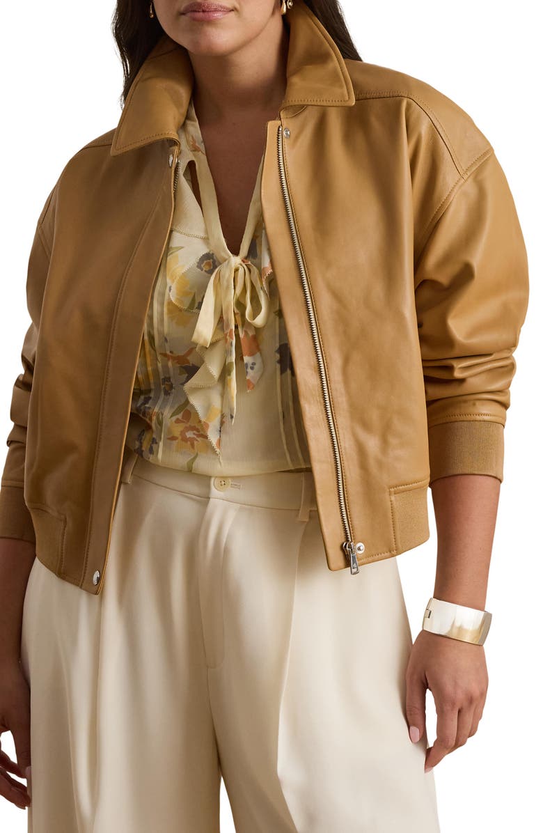 Lauren Ralph Lauren Lambskin Leather Flight Jacket, Alternate, color, Brown