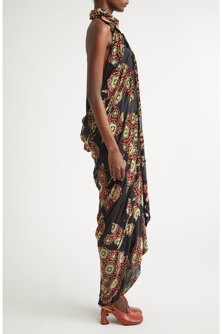 Dingo Draped Asymmetric Velvet & Silk Devoré Midi Dress, Alternate, color, BLACK